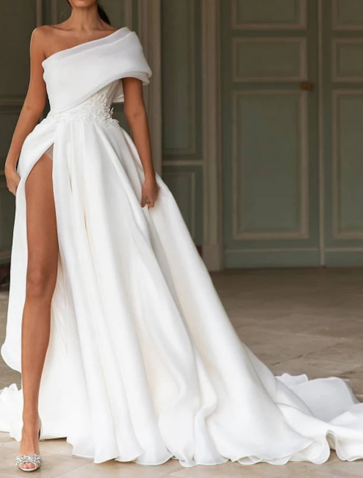 Wholesale A-Line/Princess One-Shoulder Floor-Length Wedding Dress